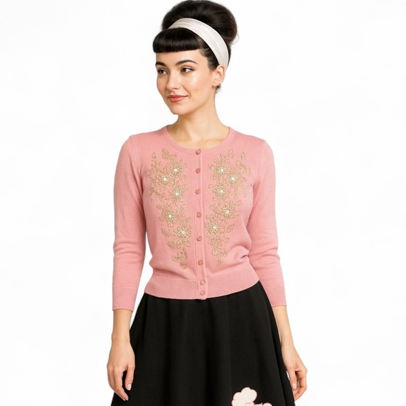 Cable & Gauge Womens Pink Beaded Cardigan Sweater Floral Embellished Knit Top - Picture 1 of 10